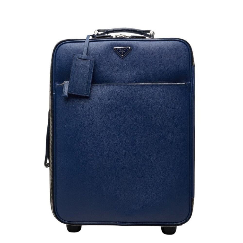 Prada Triangle Logo Plate Saffiano Carry Bag Suitcase Blue